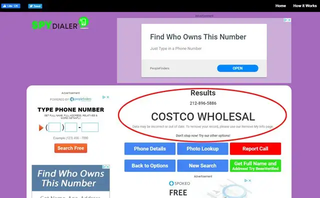 Trang kết quả SpyDialer